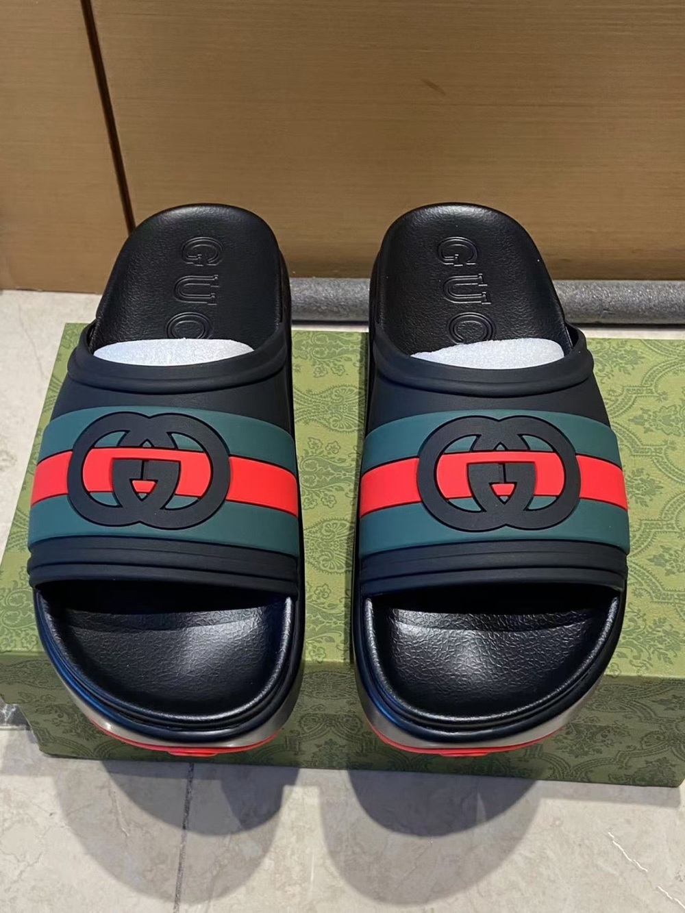 Gucci Black Slides with Red and Green Web Stripe and Double G